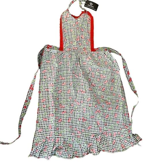 Cherry Apron Retro Black Gingham Red Heart Pocket Red Cherry Khmer Krafts Brand - Picture 9 of 9